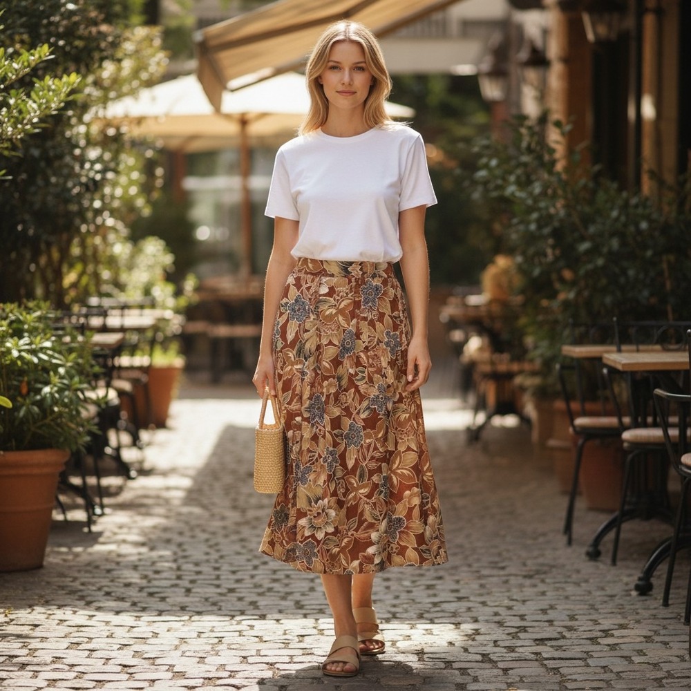 Koret Floral‎ A-Line Skirt in Brown and Cream